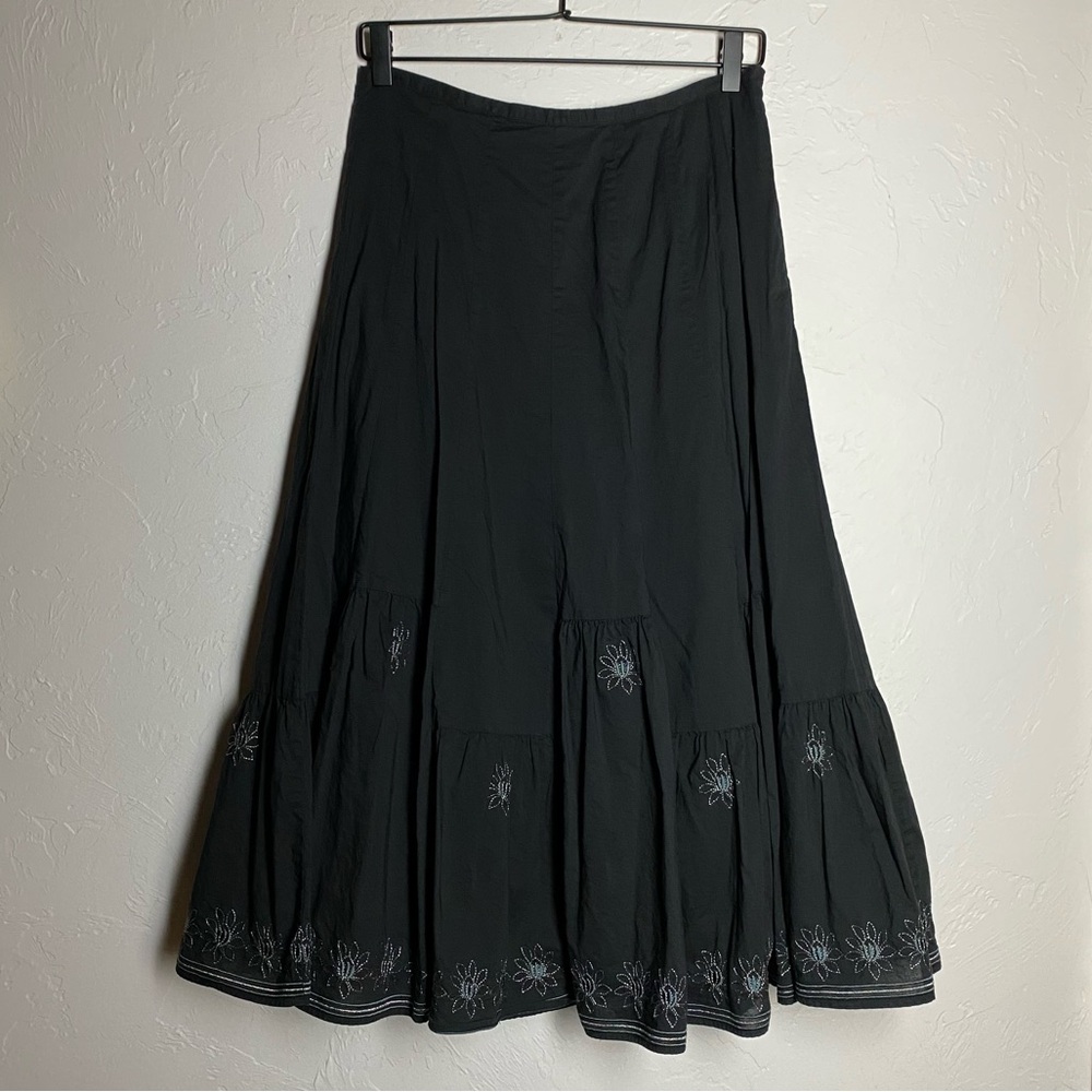 Sundance 100% Cotton Embroidered Flower Maxi Skirt Black 6P